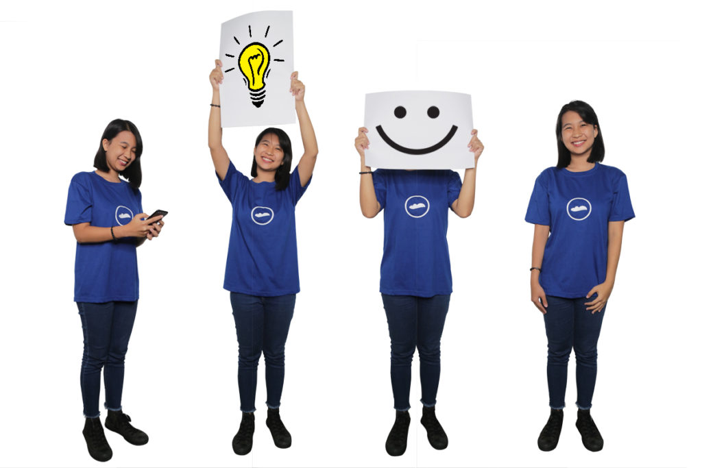 A young woman in a Cloudstaff shirt cloned to show different poses: holding a phone, signages, and just standing still.
