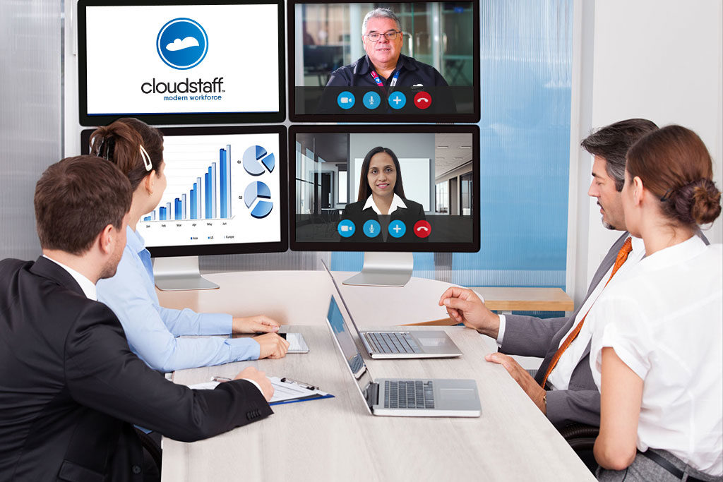 Professionals having a virtual meeting with 2 people on separate screens. The other screens show graphs and Cloudstaff logo.