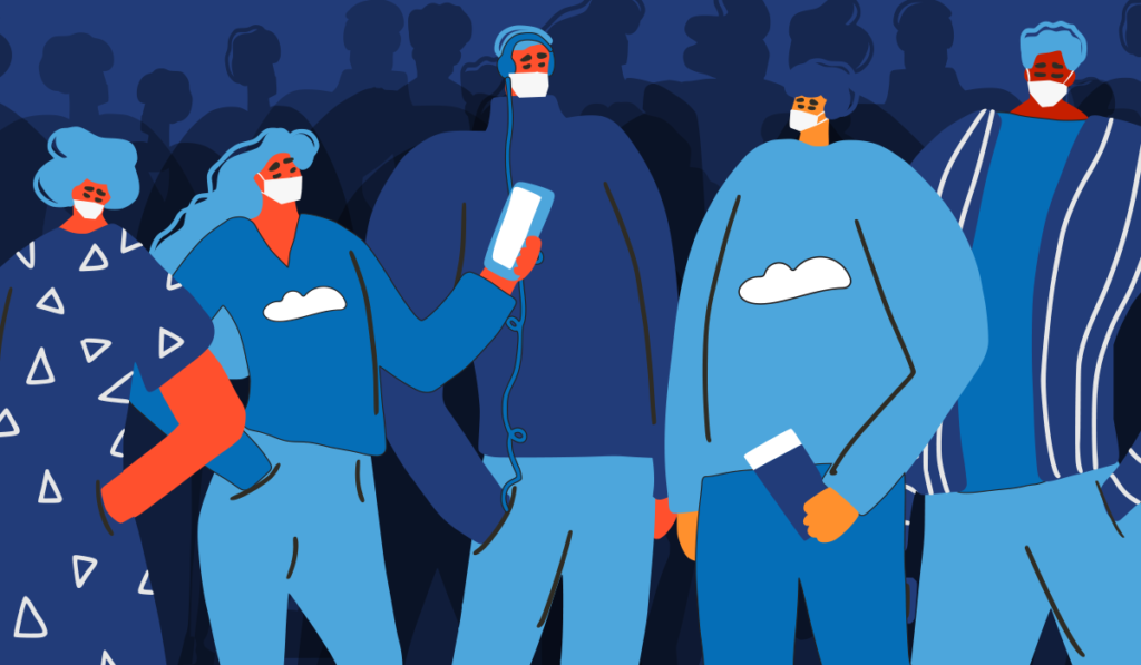 Flat graphic art of five people in blue outfit and different poses. The image also shows a faceless crowd behind them.