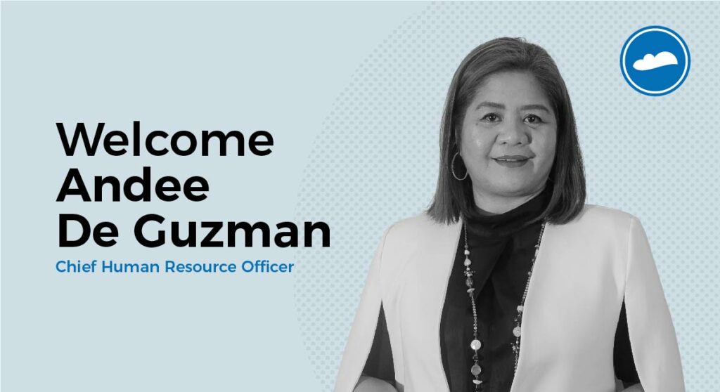 Black and white photo of Andee De Guzman. It reads "Welcome Andee De Guzman Chief Human Resource Officer"