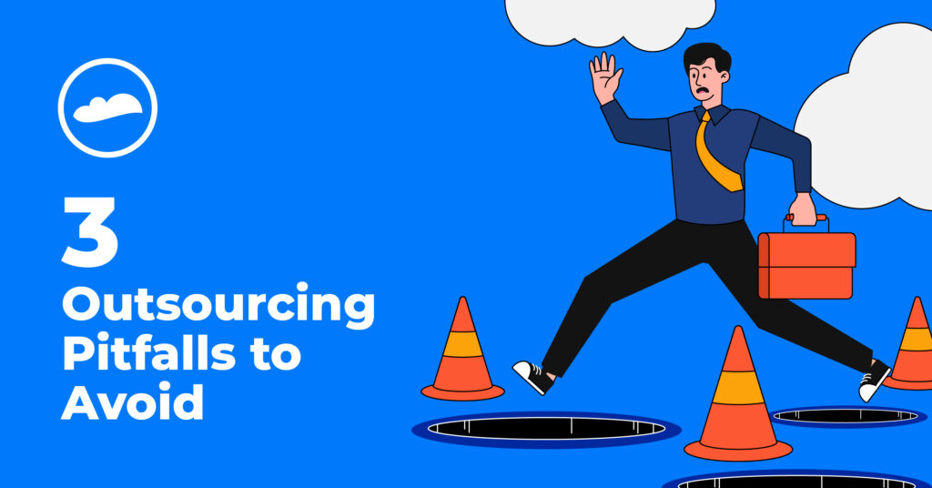 Illustration with blue background with a man jumping over holes in the ground. Text reads: 3 outsourcing pitfalls to avoid.