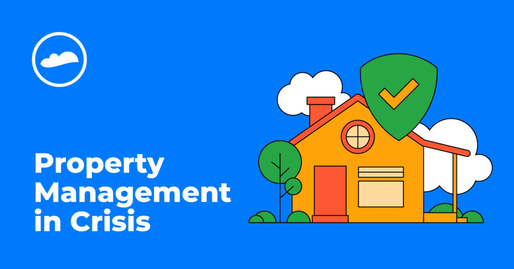 Illustration with blue background with a house on the righthand side. Text reads: Property management in crisis.