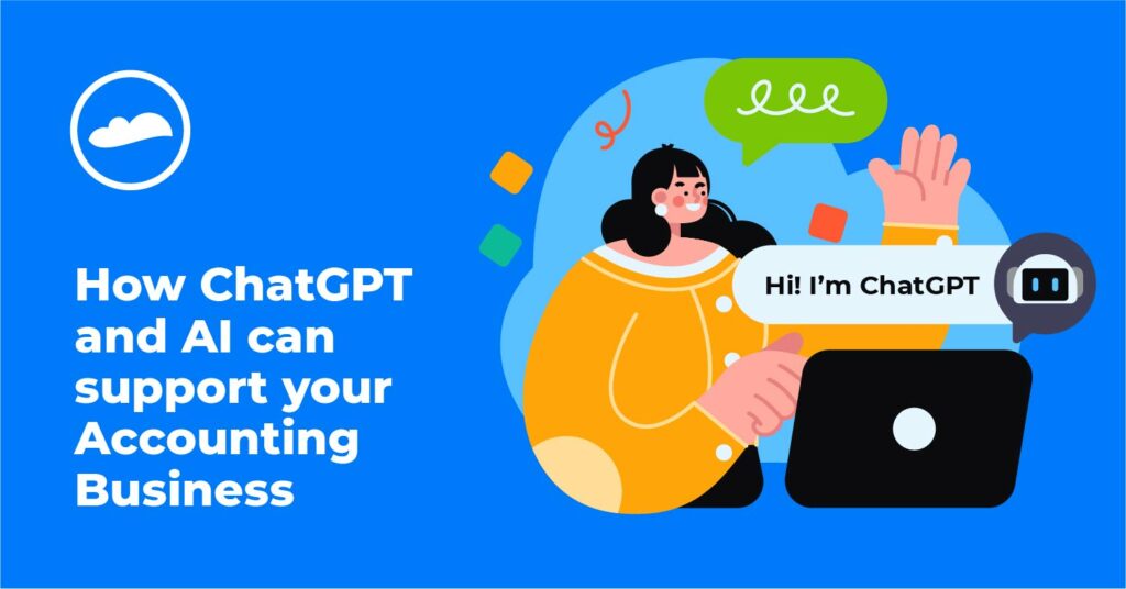 Illustration of a woman with a laptop using ChatGPT. Text reads - How ChatGPT and AI can support your accounting business.