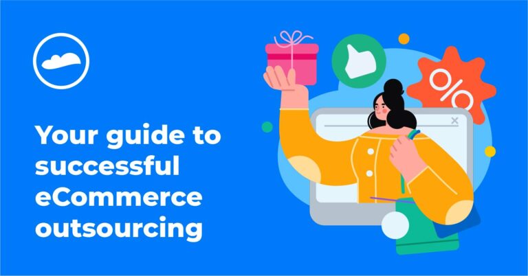 An illustration of a woman in a computer screen shopping online