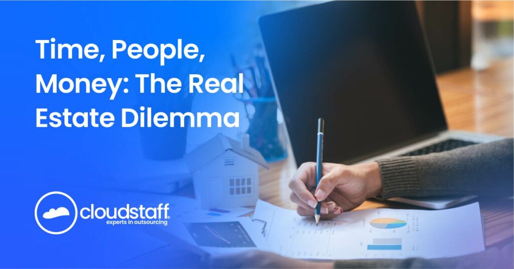 It reads "Time, People, Money: The Real Estate Dilemma." It also shows a hand writing on a desk and a laptop on it.