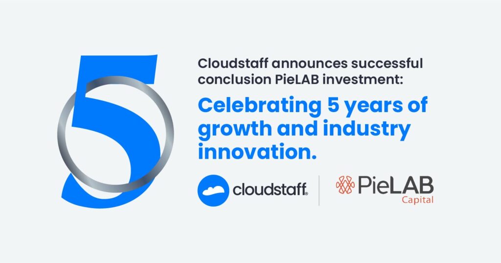 A banner that announces Cloudstaff and PieLAB's conclusion of PieLAB investment and celebrating 5 years of growth and industry innovation.