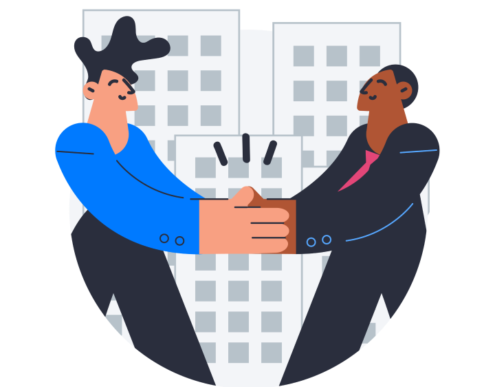 Illustration of two people shaking hands. There are buildings behind them.