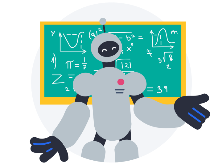 Illustration of a robot with a chalkboard behind it. The board shows mathematical equations.