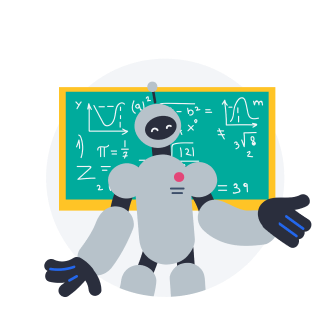 Illustration of a robot with a chalkboard behind it. The board shows mathematical equations.