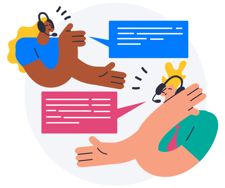 Illustration of two people with headphones having a conversation