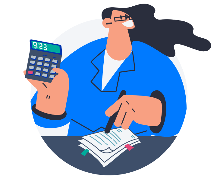 Illustration of a woman holding a calculator and a pen over a stack of documents