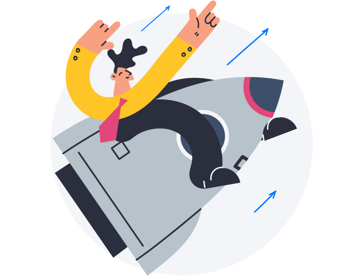 Illustration of a man riding on a flying rocket ship