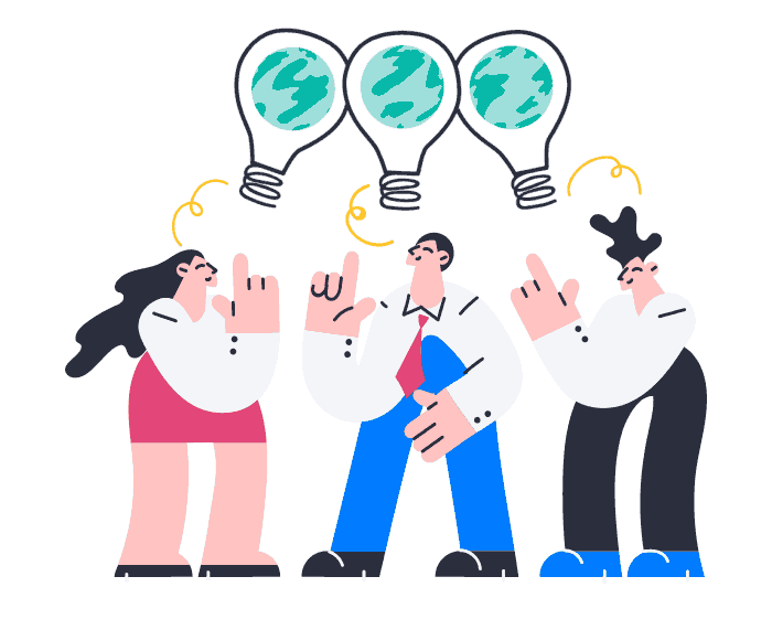 GIF illustration of three people (2 men and a woman) thinking. There's a light bulb each over their head with spinning globe in it.