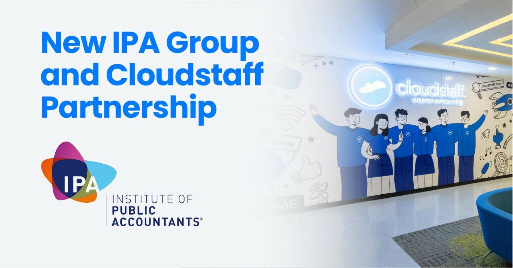 white background with blue text new IPA group and cloudstaff partnership with IPA logo at the bottom