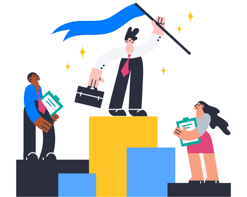 Illustration of 3 people standing on different platforms. The one on the highest platform is waving a flag, while the two on the lower ones are cheering for him.