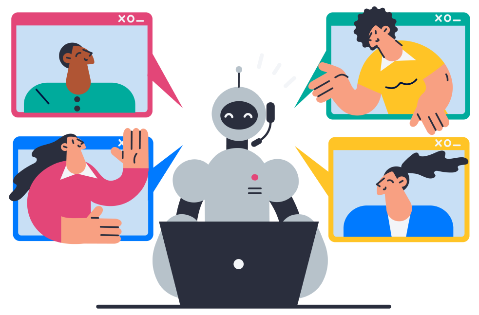 Illustration of a robot with a laptop talking to 4 people in internet browser tabs