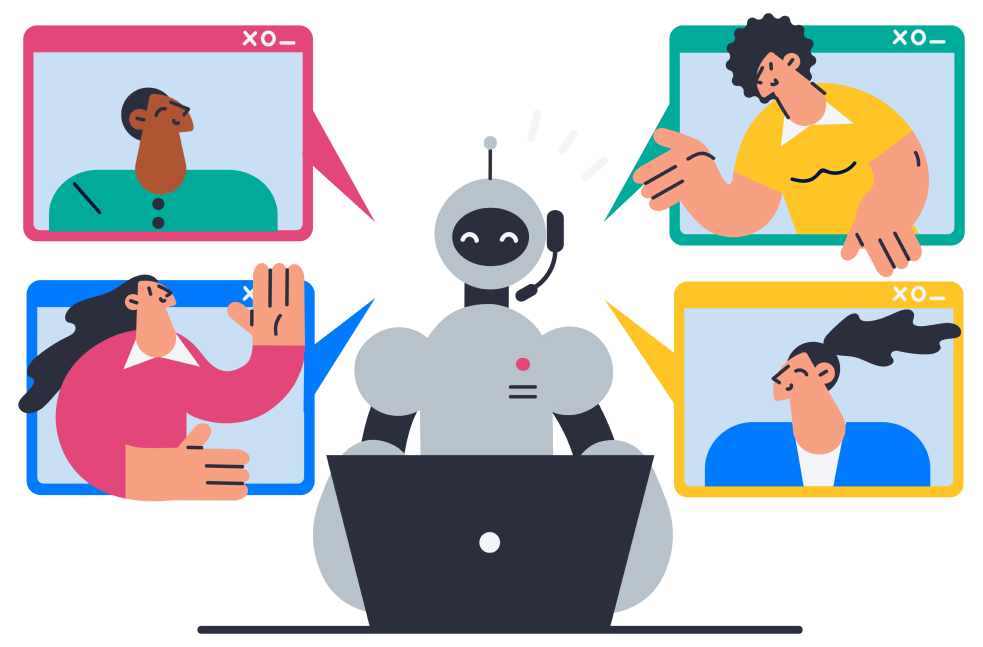 Illustration of a robot with a laptop, talking to 4 people in internet browser tabs.
