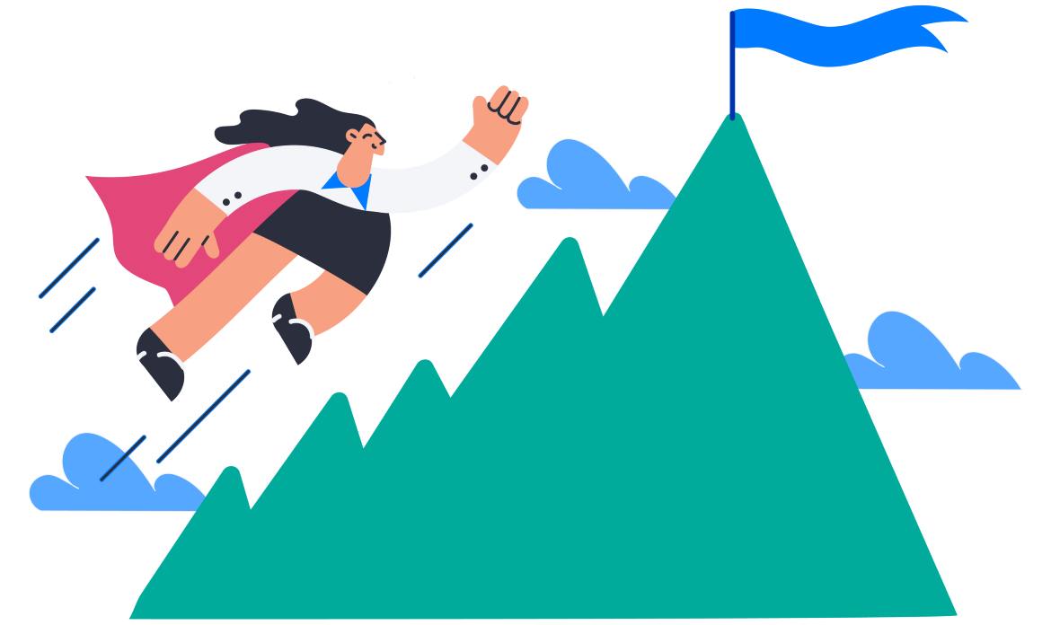 Illustration of a woman with a cape flying over mountains towards a flag