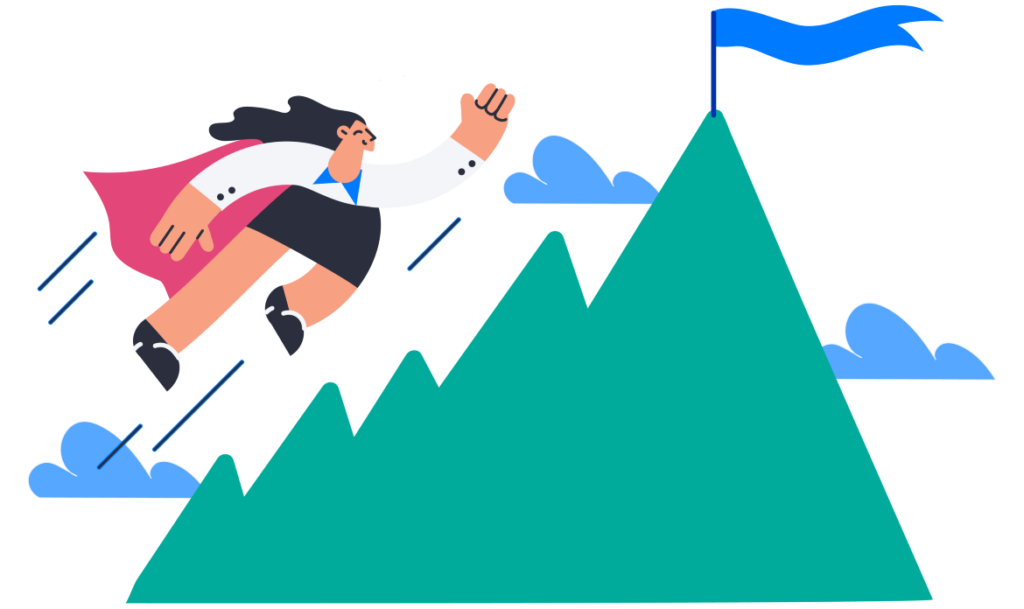 Illustration of a woman with a cape flying over mountains, towards the flag