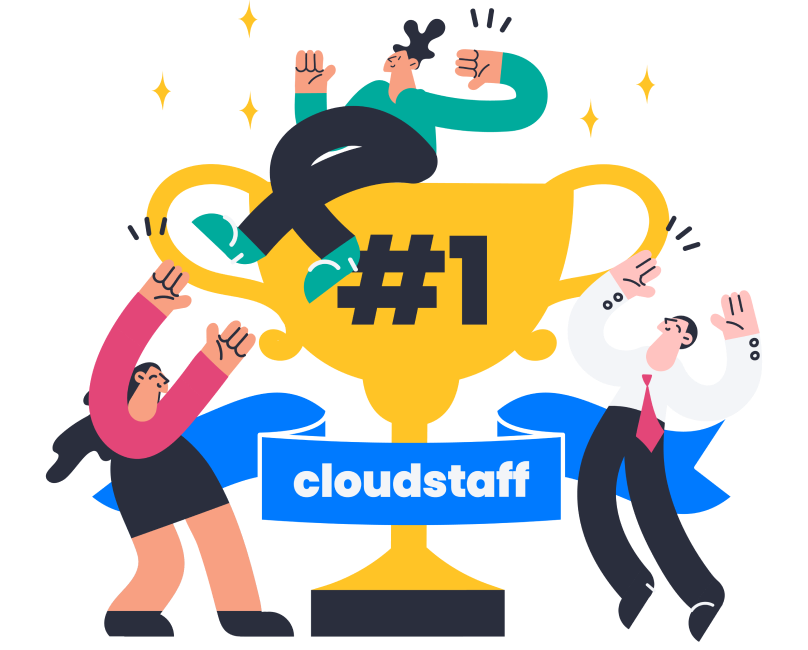 Illustration of 3 people celebrating with the #1 Cloudstaff trophy