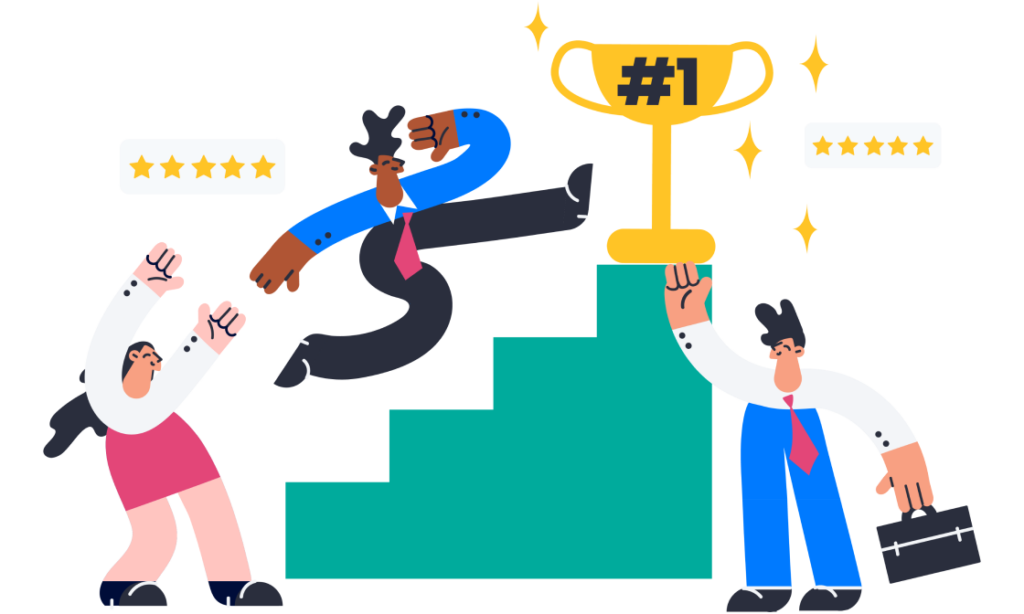 Illustration that shows a man is running up the stairs to reach the #1 trophy. There are two people cheering for him.