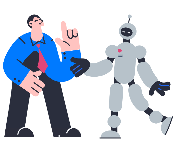 Illustration of a man and a robot having a conversation