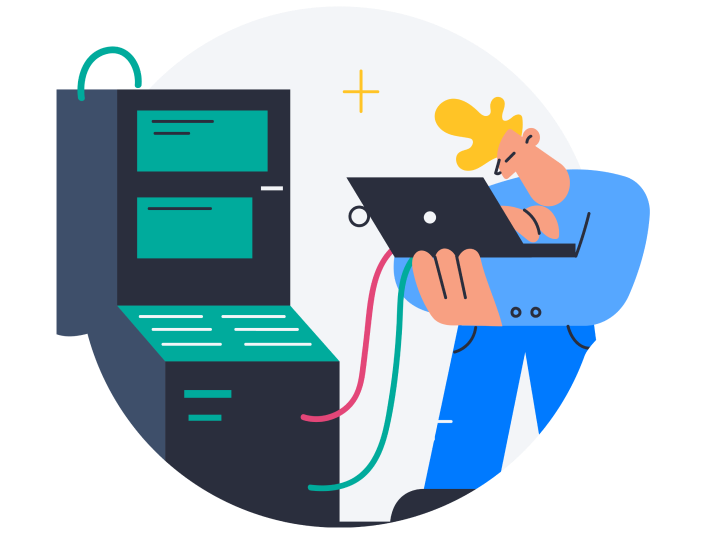 Illustration of a man holding a laptop connected to a bigger machine