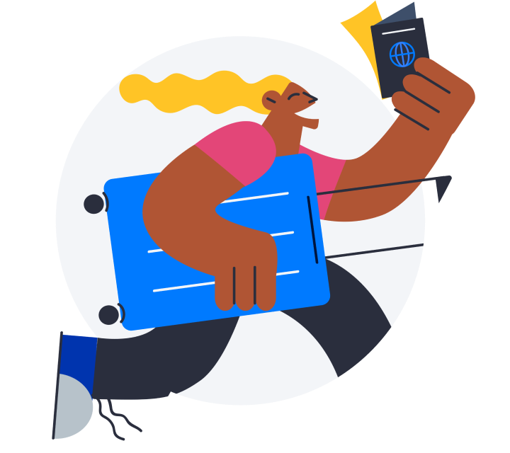Illustration of a running woman carrying a suitcase and a passport