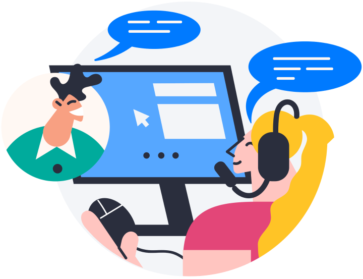 Illustration of a woman with a pair of headphones chatting with a customer over a call