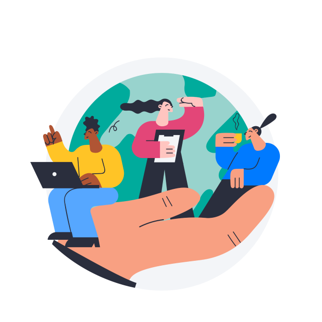 a hand holding animated individuals in front of a globe