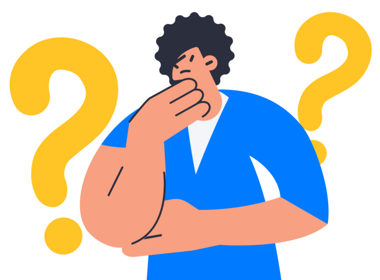 a man in blue shirt thinking with two question marks