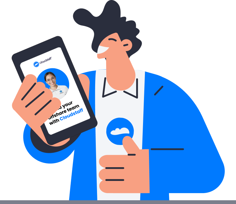 an animated male holding a tablet containing text at the bottom "check out how you can save up to 70% vs tradional hiring cost with our team builder" and an orange button that says calculate potential savings