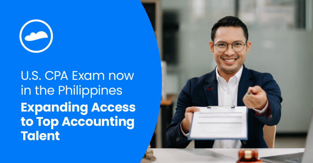 a man wearing a suite with in text: US CPA exam now in the Philippines. Expanding access to top accounting talent