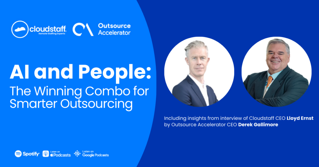 In the image, Lloyd Ernst and Derek Gallimore are featured in a podcast episode discussing business process outsourcing and outsourced services, AI-generated code development, AI services and custom solutions, AI tool assistance and modernization, software development company solutions, artificial intelligence solutions, machine learning models, human–AI collaboration, remote workers and independent contractors, achieving business objectives, automating tasks, gaining competitive advantage, delivering powerful and cost-effective code, integrating with existing platforms, OpenAI ChatGPT review, company culture, working hours, and partnering with the right outsourcing teams with extensive experience to help many businesses improve efficiency and gain lasting benefits.