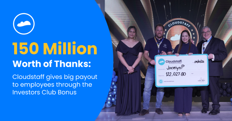 Cloudstaff employees celebrate the PHP 150 million Investors Club bonus payout at a company event in 2026.