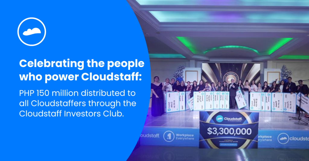 Cloudstaff employees celebrate the PHP 150 million Investors Club bonus payout at a company event in 2026
