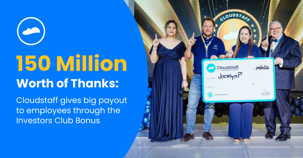 Cloudstaff employees celebrate the PHP 150 million Investors Club bonus payout at a company event in 2026.