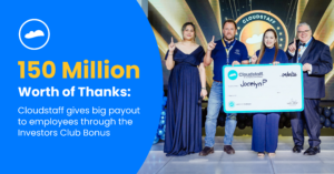 Cloudstaff employees celebrate the PHP 150 million Investors Club bonus payout at a company event in 2026.