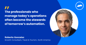 Travel and leisure professionals working alongside AI-enabled travel technology systems