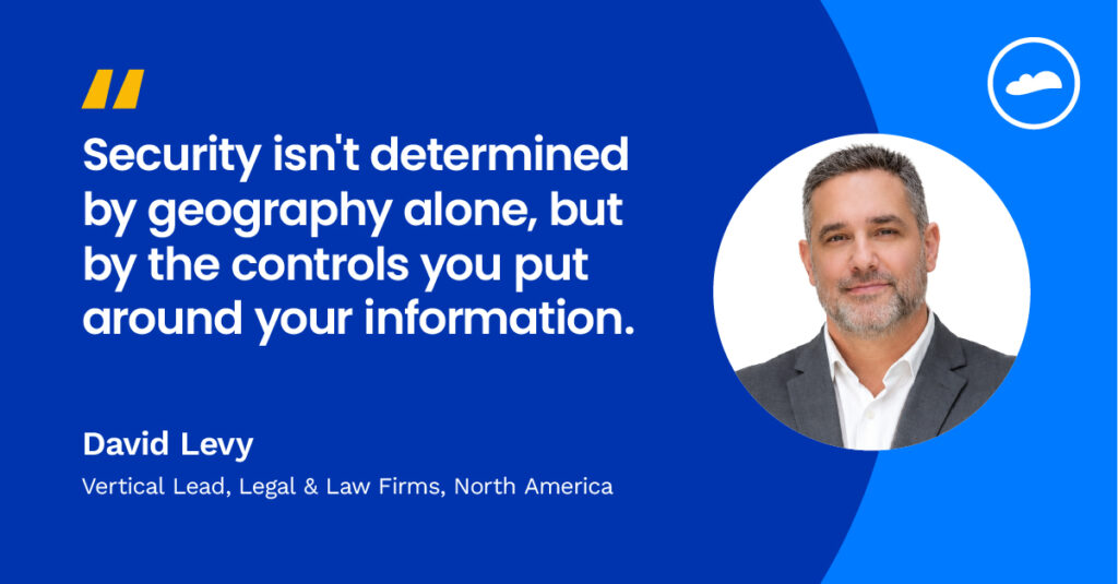 David Levy, Vertical Lead for Legal and Law Firms, North America, at Cloudstaff, alongside a thought leadership pull quote about law firm information security