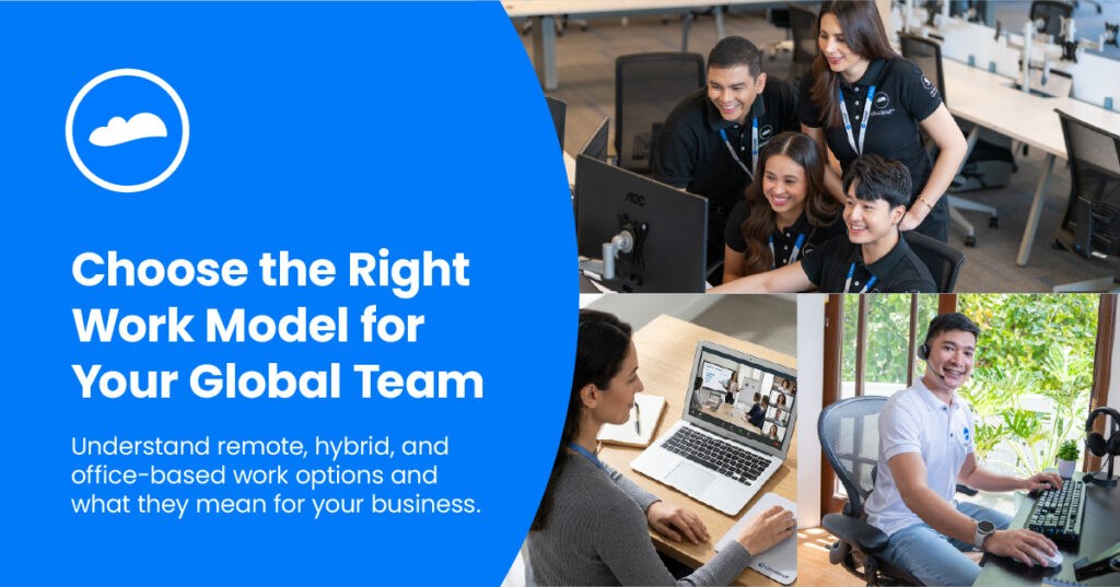 Collage of remote, hybrid, and office-based work setups illustrating different working models for global teams.