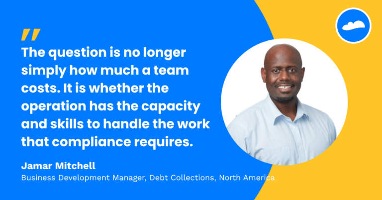 Jamar Mitchell, Business Development Manager for Debt Collections, North America, at Cloudstaff, alongside a thought leadership pull quote about debt buyers, compliance, global staffing, and costs.